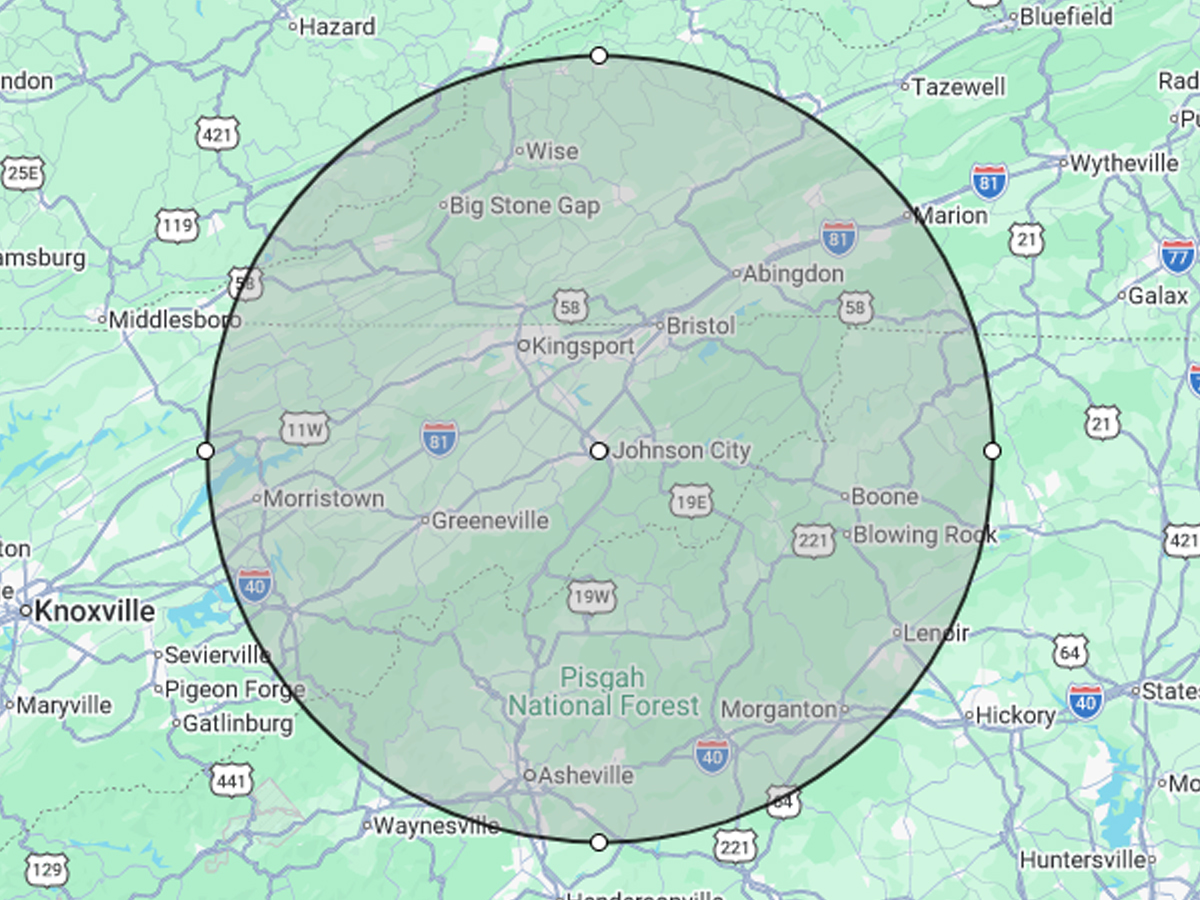 Service area map showing home inspector coverage around Kingsport, Tennessee